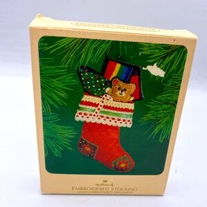 Vintage Hallmark Multicolor Embroidered Stocking Ornament With Original Box 1983